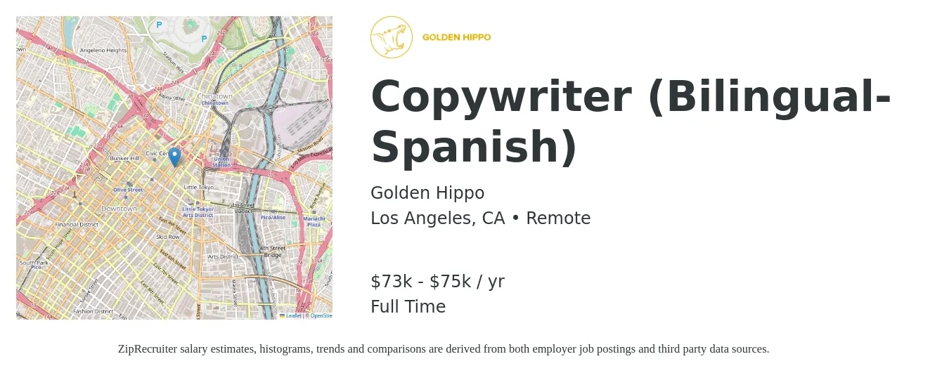 Golden Hippo job posting for a Copywriter (Bilingual-Spanish) in Los Angeles, CA with a salary of $73,500 to $75,000 Yearly with a map of Los Angeles location.