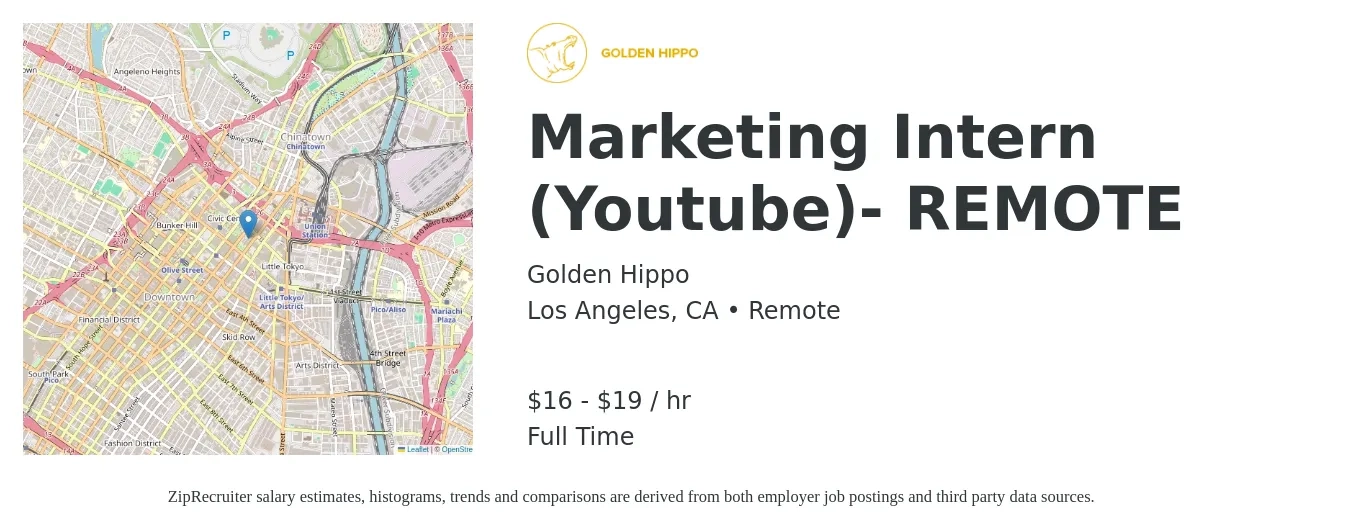 Golden Hippo job posting for a Marketing Intern (YouTube)- REMOTE in Los Angeles, CA with a salary of $17 to $20 Hourly with a map of Los Angeles location.
