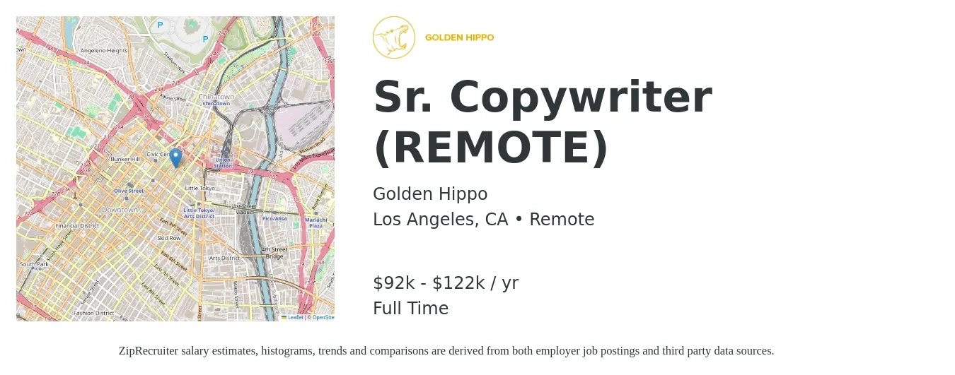 Golden Hippo job posting for a Sr. Copywriter (REMOTE) in Los Angeles, CA with a salary of $92,100 to $122,800 Yearly with a map of Los Angeles location.