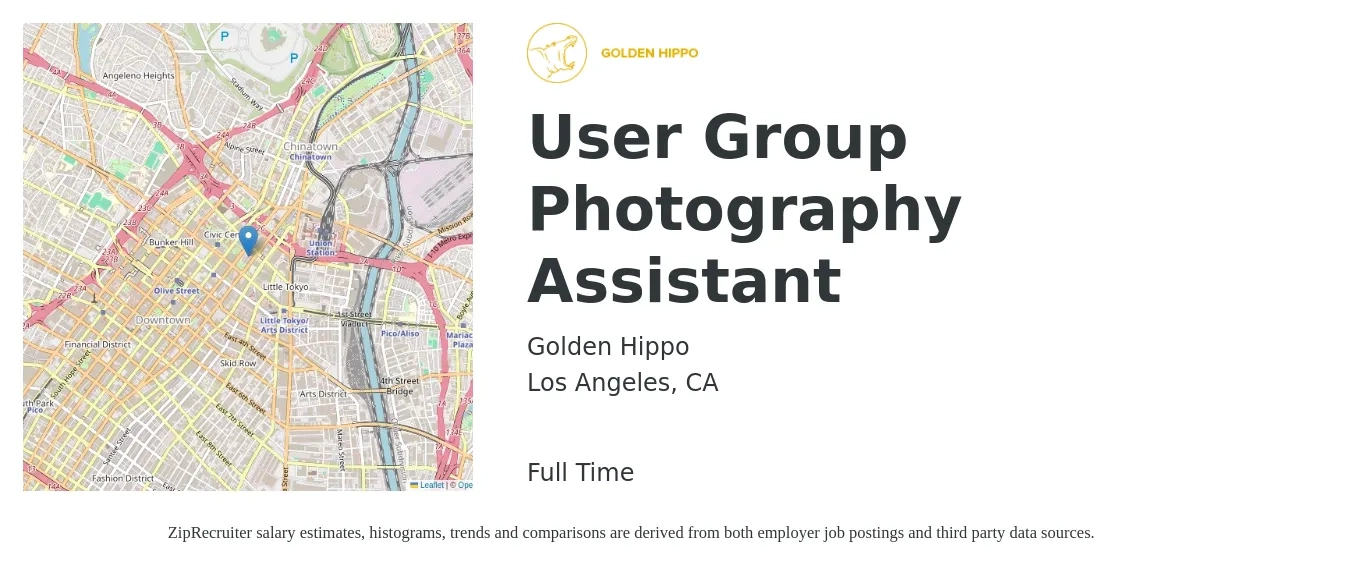 Golden Hippo job posting for a User Group Photography Assistant in Los Angeles, CA with a salary of $17 to $26 Hourly with a map of Los Angeles location.