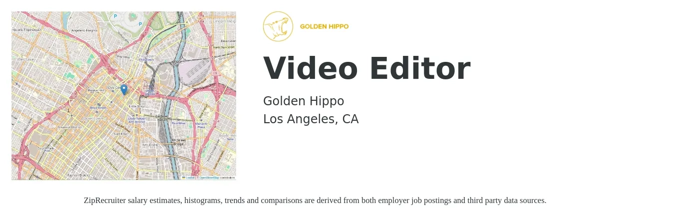 Golden Hippo job posting for a Video Editor in Los Angeles, CA with a salary of $24 to $44 Hourly with a map of Los Angeles location.