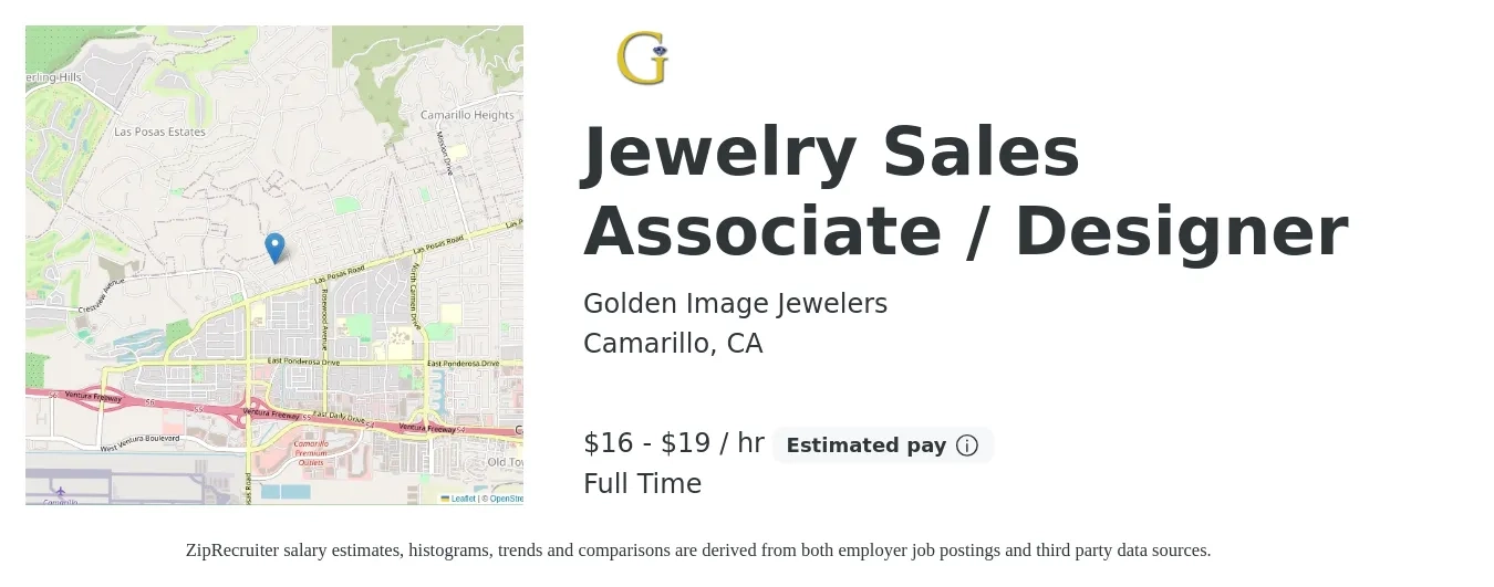 Golden Image Jewelers job posting for a Jewelry Sales Associate / Designer in Camarillo, CA with a salary of $17 to $20 Hourly (plus commission) with a map of Camarillo location.