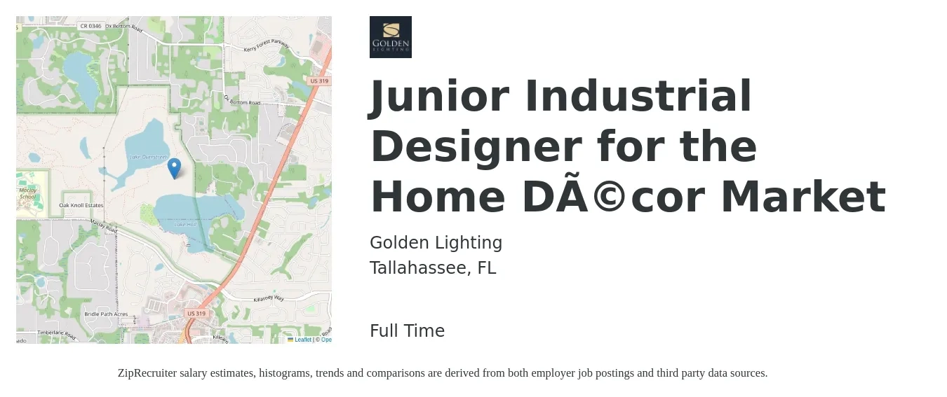 Golden Lighting job posting for a Junior Industrial Designer for the Home Décor Market in Tallahassee, FL with a salary of $43,200 to $62,200 Yearly with a map of Tallahassee location.
