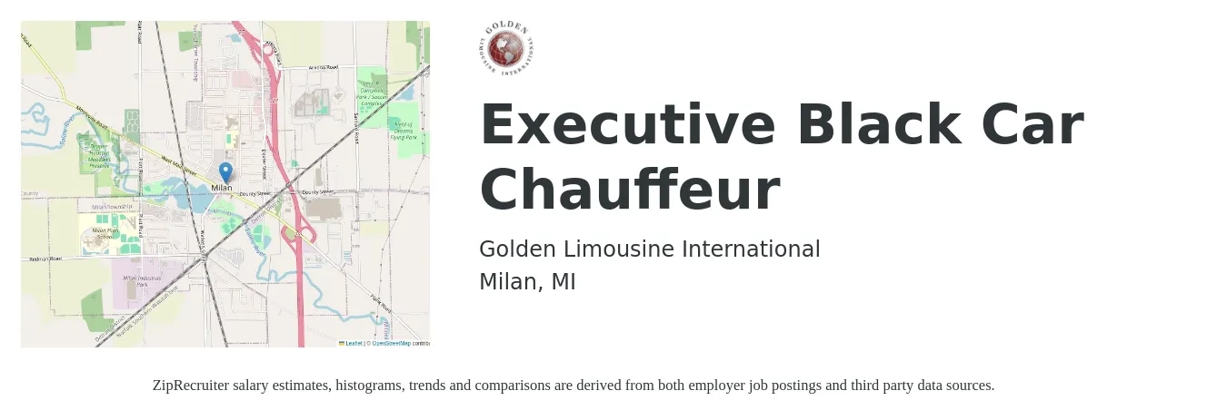 Golden Limousine International job posting for a Executive Black Car Chauffeur in Milan, MI with a salary of $13 Hourly with a map of Milan location.