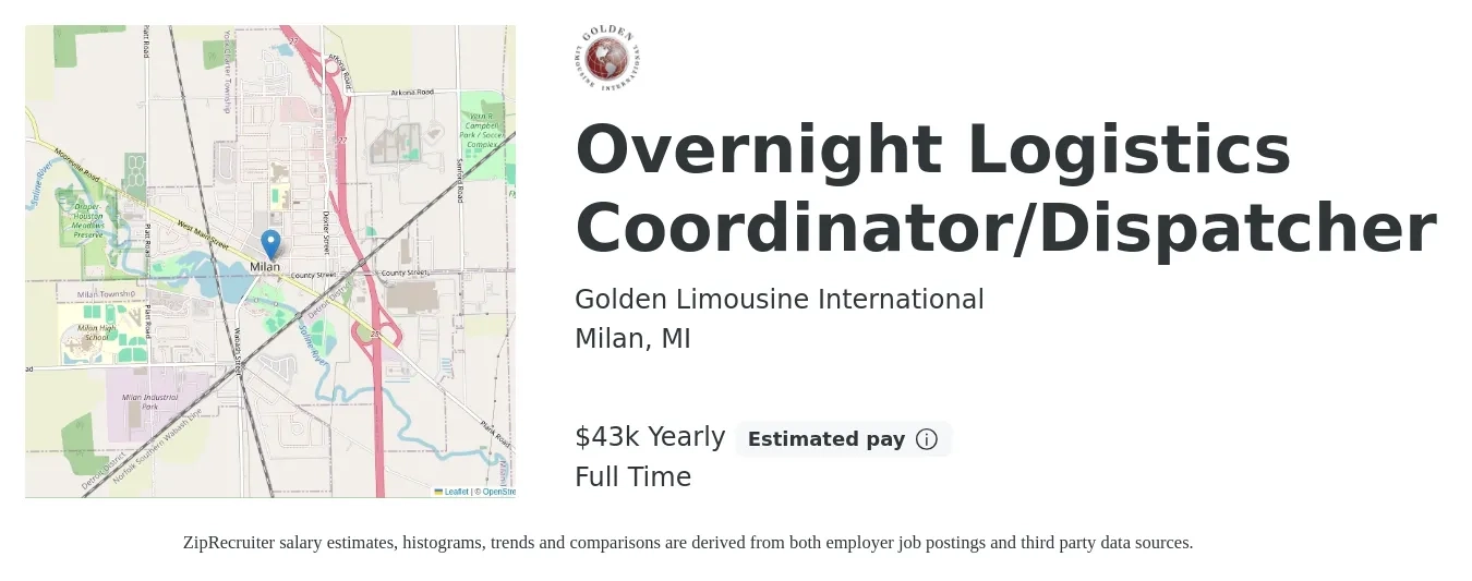 Golden Limousine International job posting for a Overnight Logistics Coordinator/Dispatcher in Milan, MI with a salary of $43,000 Yearly with a map of Milan location.