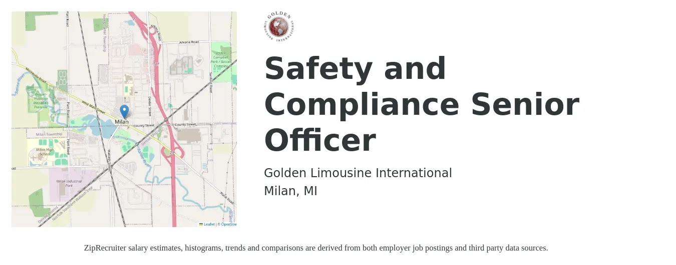 Golden Limousine International job posting for a Safety and Compliance Senior Officer in Milan, MI with a salary of $65,000 Yearly with a map of Milan location.
