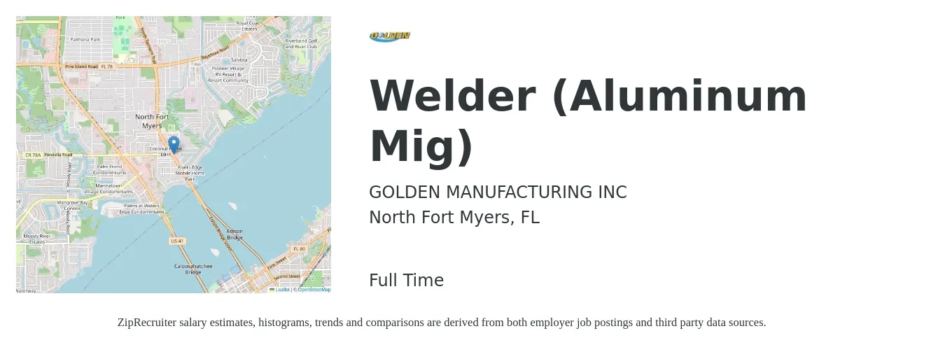 GOLDEN MANUFACTURING INC job posting for a Welder (Aluminum Mig) in North Fort Myers, FL with a salary of $20 to $27 Hourly with a map of North Fort Myers location.