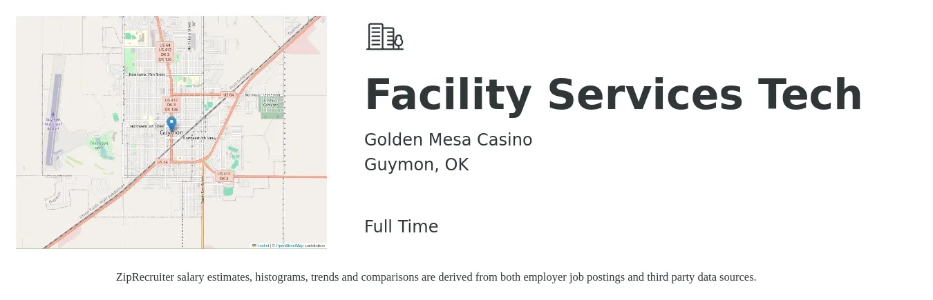 Golden Mesa Casino job posting for a Facility Services Tech in Guymon, OK with a salary of $16 to $22 Hourly with a map of Guymon location.