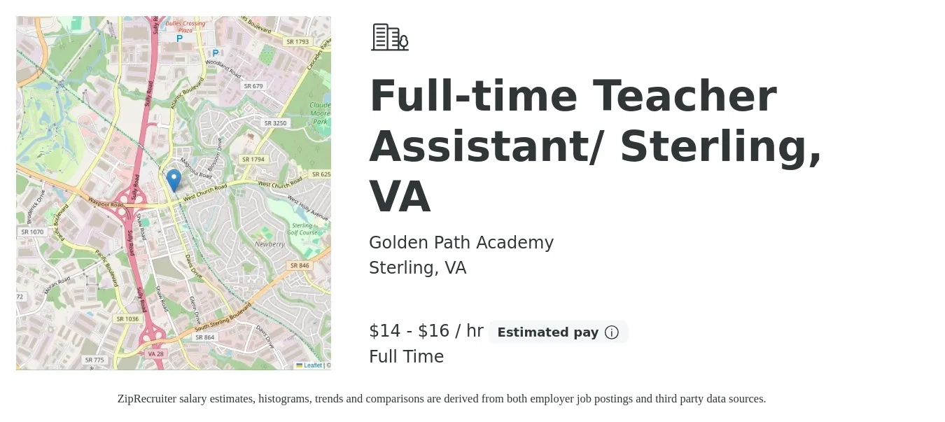 Golden Path Academy job posting for a Full-time Teacher Assistant/ Sterling, VA in Sterling, VA with a salary of $15 to $17 Hourly with a map of Sterling location.