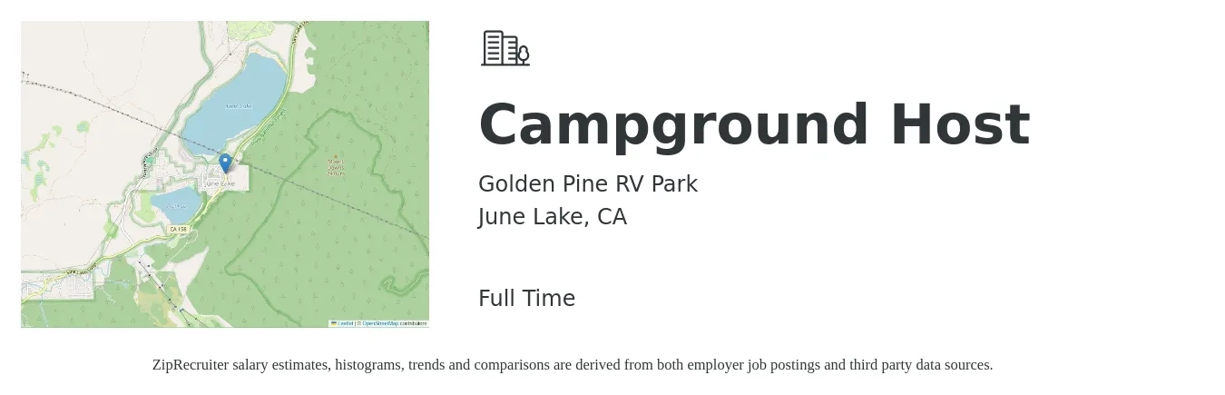 Golden Pine RV Park job posting for a Campground Host in June Lake, CA with a salary of $2,000 to $5,000 Monthly and benefits including pto with a map of June Lake location.
