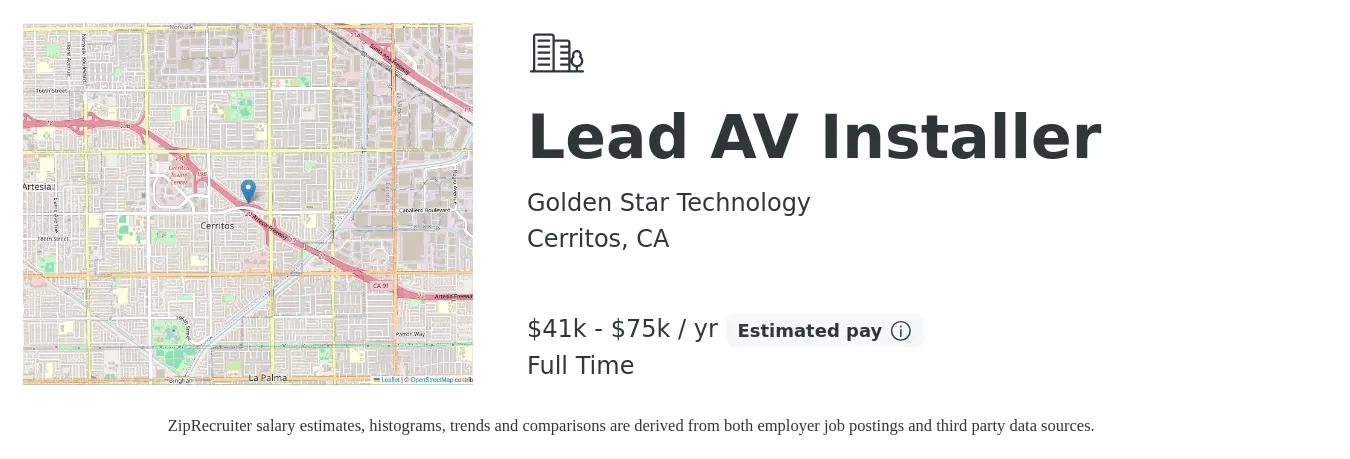 Golden Star Technology job posting for a Lead AV Installer in Cerritos, CA with a salary of $41,600 to $75,000 Yearly with a map of Cerritos location.