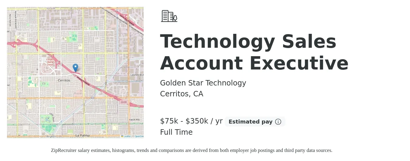 Golden Star Technology job posting for a Technology Sales Account Executive in Cerritos, CA with a salary of $75,000 to $350,000 Yearly with a map of Cerritos location.