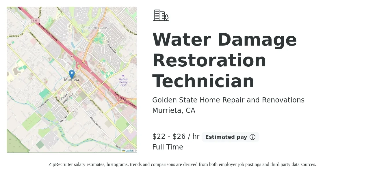 Golden State Home Repair and Renovations job posting for a Water Damage Restoration Technician in Murrieta, CA with a salary of $23 to $28 Hourly with a map of Murrieta location.