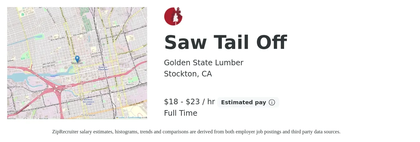 Golden State Lumber job posting for a Saw Tail Off in Stockton, CA with a salary of $19 to $24 Hourly with a map of Stockton location.