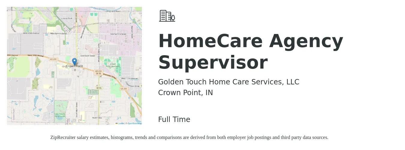 Golden Touch Home Care Services, LLC job posting for a HomeCare Agency Supervisor in Crown Point, IN with a salary of $18 to $29 Hourly with a map of Crown Point location.