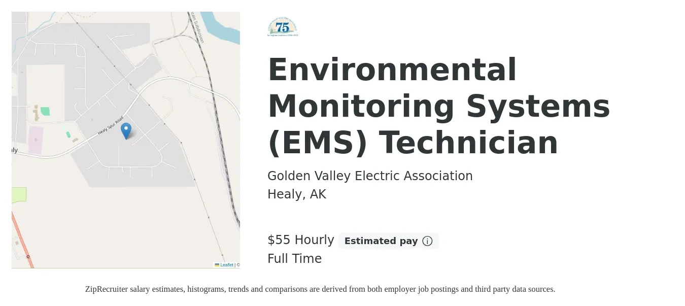 Golden Valley Electric Association job posting for a Environmental Monitoring Systems (EMS) Technician in Healy, AK with a salary of $58 Hourly with a map of Healy location.