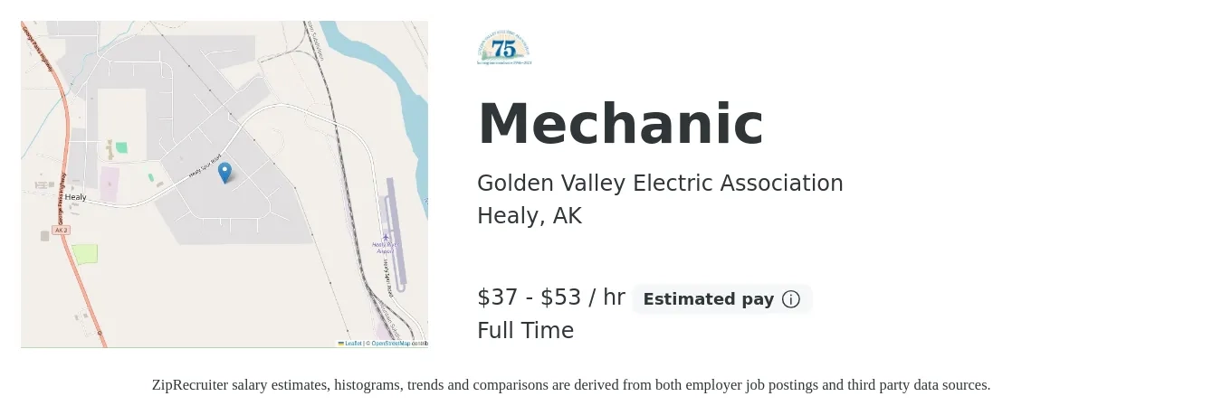 Golden Valley Electric Association job posting for a Mechanic in Healy, AK with a salary of $39 to $55 Hourly with a map of Healy location.