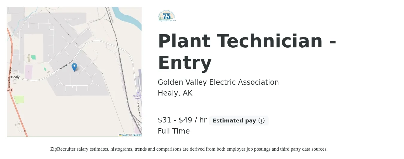 Golden Valley Electric Association job posting for a Plant Technician - Entry in Healy, AK with a salary of $33 to $52 Hourly with a map of Healy location.