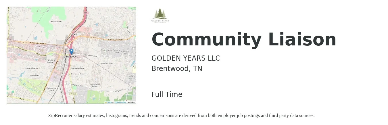 GOLDEN YEARS LLC job posting for a Community Liaison in Brentwood, TN with a salary of $18 to $29 Hourly with a map of Brentwood location.