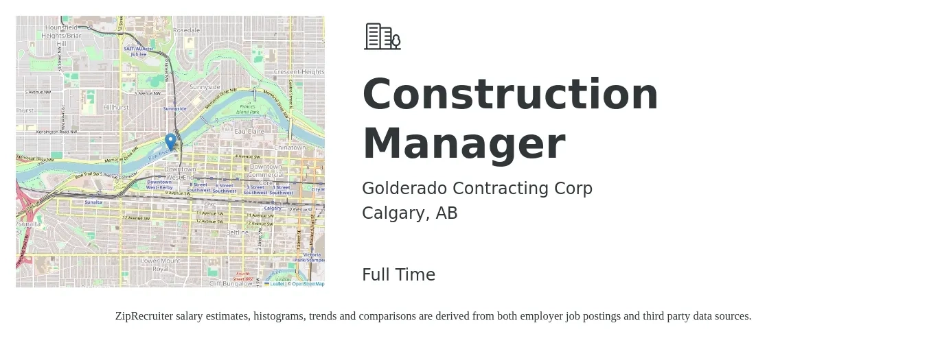Golderado Contracting Corp job posting for a Construction Manager in Calgary, AB with a map of Calgary location.