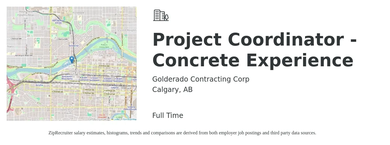 Golderado Contracting Corp job posting for a Project Coordinator - Concrete Experience in Calgary, AB with a map of Calgary location.