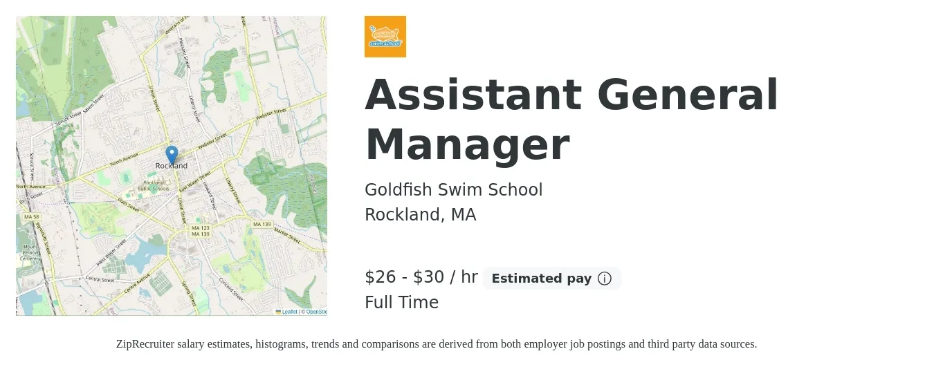 Goldfish Swim School job posting for a Assistant General Manager in Rockland, MA with a salary of $28 to $32 Hourly with a map of Rockland location.