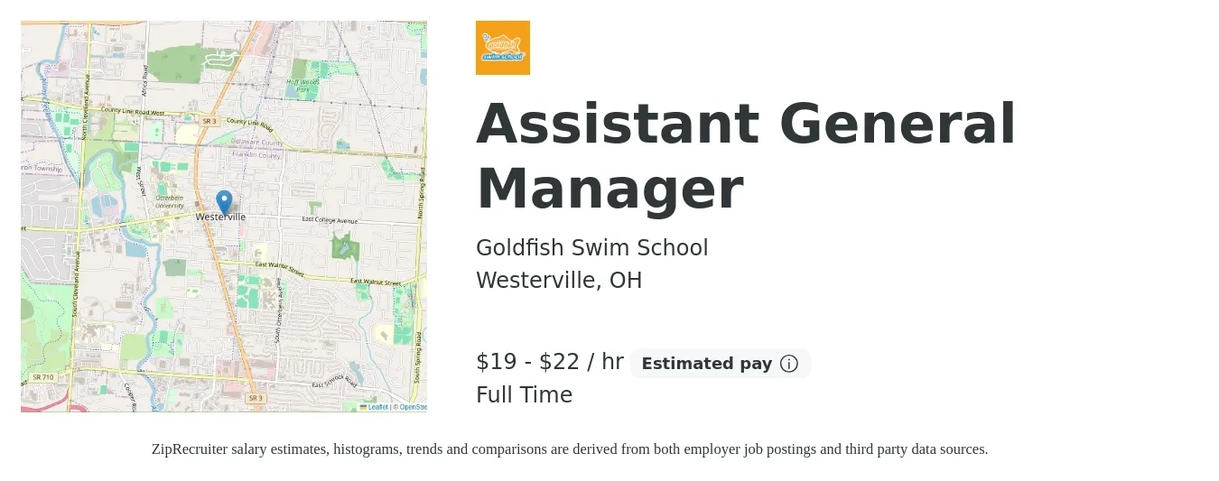 Goldfish Swim School job posting for a Assistant General Manager in Westerville, OH with a salary of $20 to $23 Hourly with a map of Westerville location.