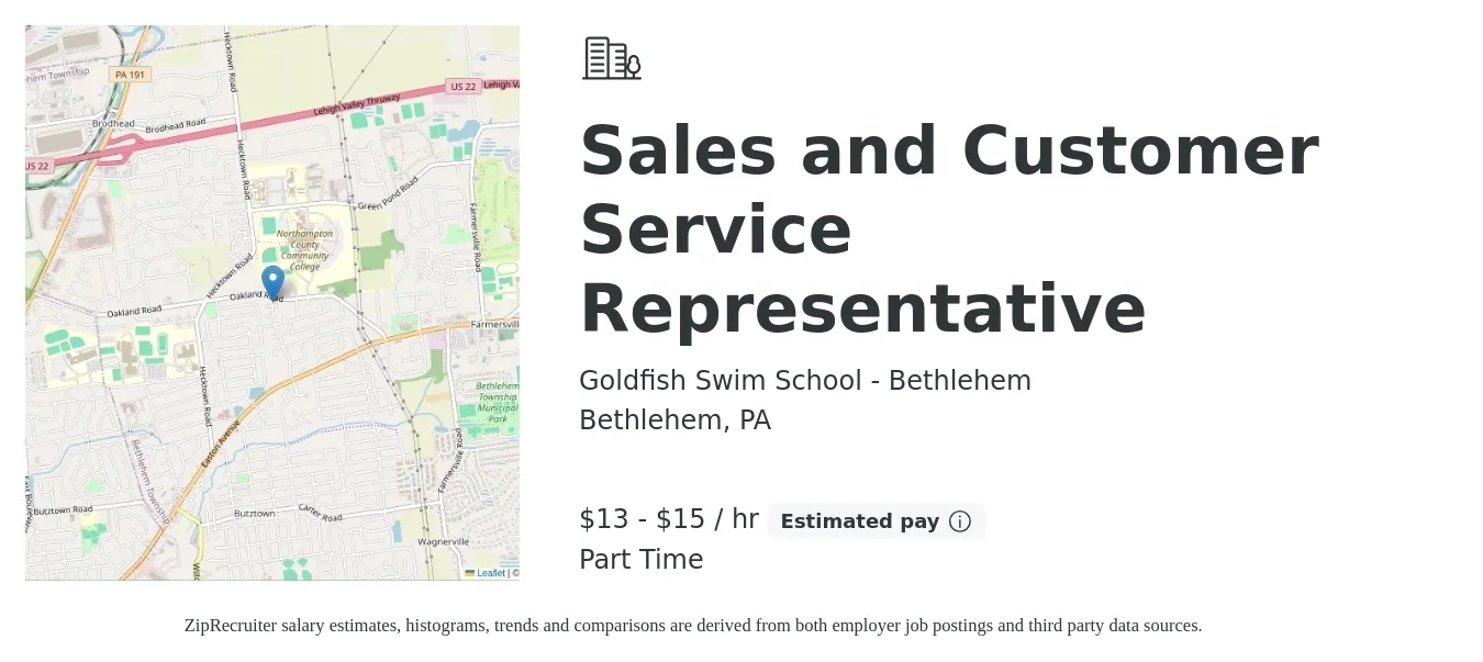 Goldfish Swim School - Bethlehem job posting for a Sales and Customer Service Representative in Bethlehem, PA with a salary of $14 to $16 Hourly with a map of Bethlehem location.