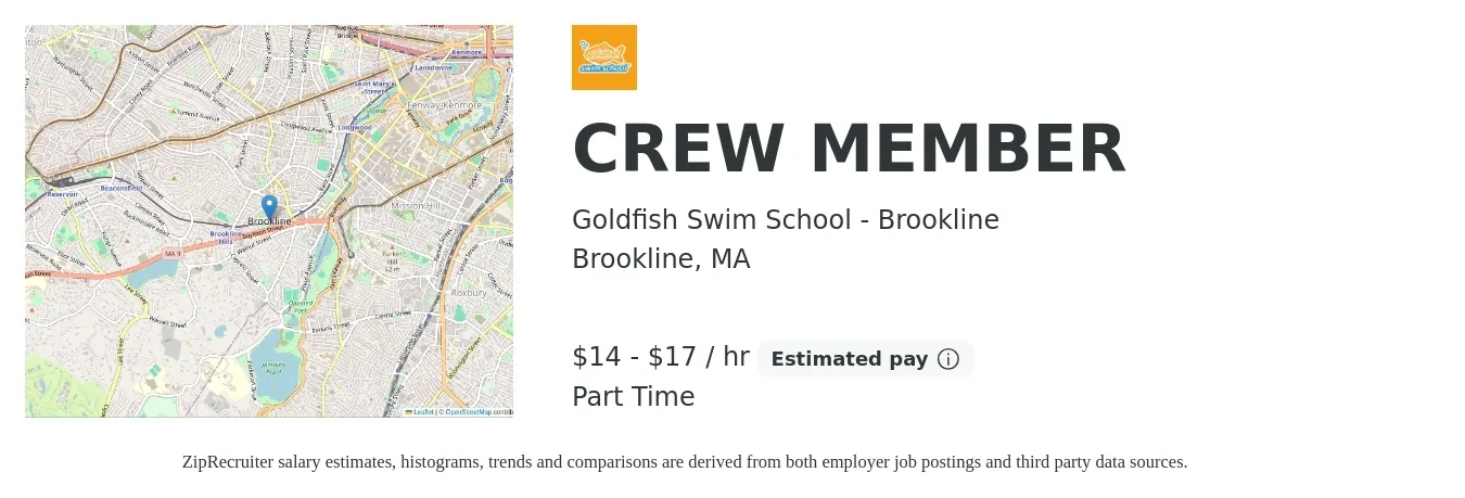 Goldfish Swim School - Brookline job posting for a CREW MEMBER in Brookline, MA with a salary of $16 to $18 Hourly with a map of Brookline location.
