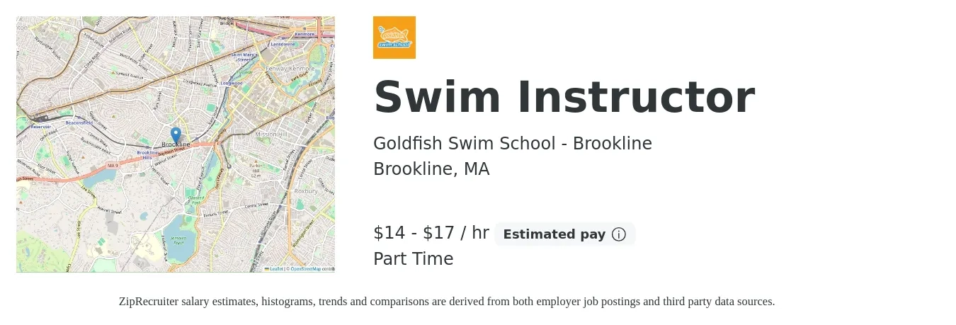 Goldfish Swim School - Brookline job posting for a Swim Instructor in Brookline, MA with a salary of $16 to $18 Hourly with a map of Brookline location.