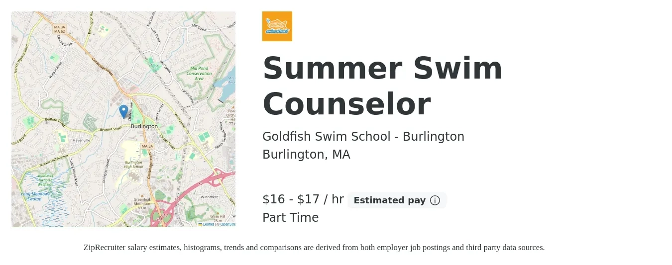 Goldfish Swim School - Burlington job posting for a Summer Swim Counselor in Burlington, MA with a salary of $17 to $18 Hourly with a map of Burlington location.
