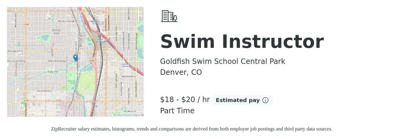 Goldfish Swim School Central Park job posting for a Swim Instructor in Denver, CO with a salary of $19 to $21 Hourly with a map of Denver location.