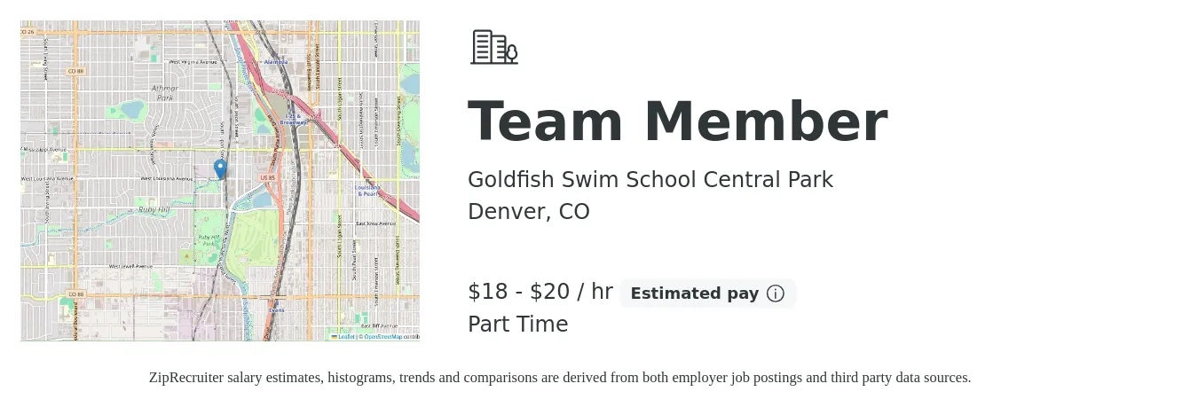 Goldfish Swim School Central Park job posting for a Team Member in Denver, CO with a salary of $19 to $21 Hourly with a map of Denver location.