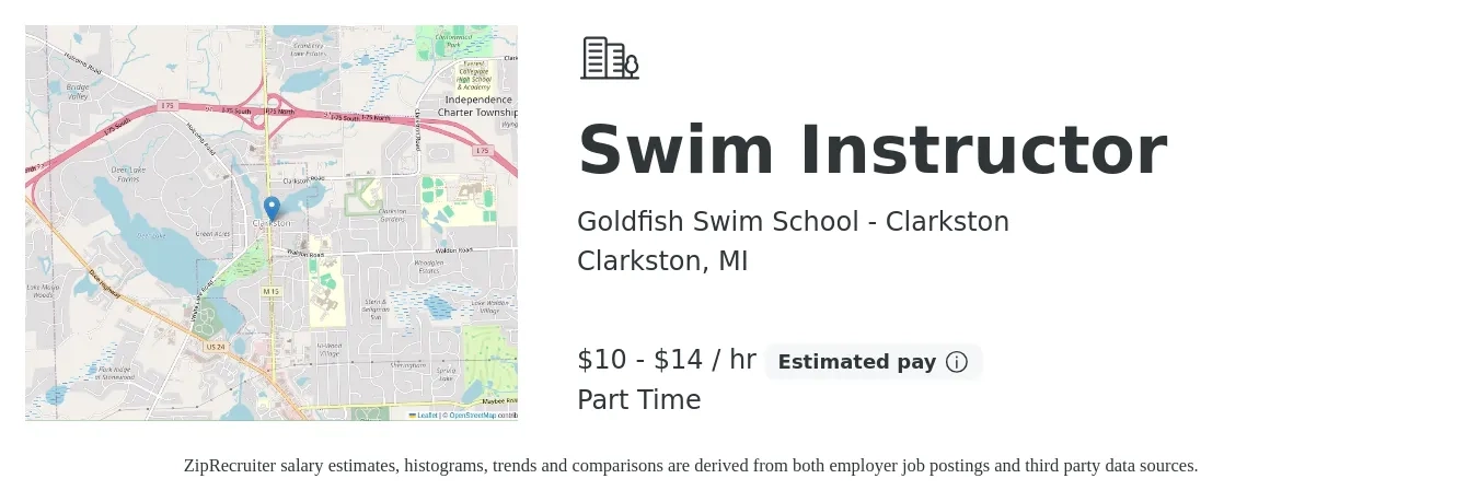 Goldfish Swim School - Clarkston job posting for a Swim Instructor in Clarkston, MI with a salary of $11 to $15 Hourly with a map of Clarkston location.