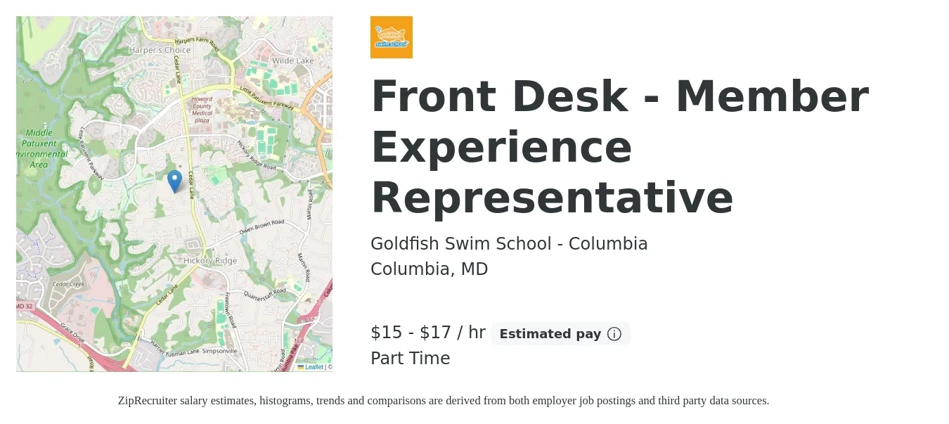 Goldfish Swim School - Columbia job posting for a Front Desk - Member Experience Representative in Columbia, MD with a salary of $16 to $18 Hourly with a map of Columbia location.