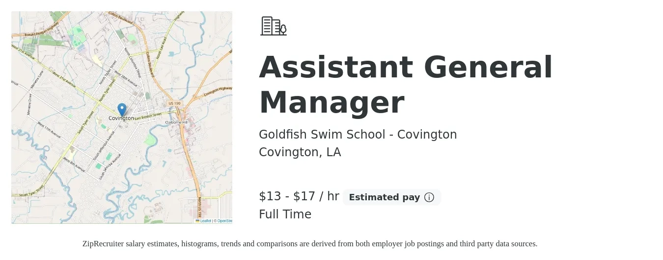 Goldfish Swim School - Covington job posting for a Assistant General Manager in Covington, LA with a salary of $14 to $18 Hourly with a map of Covington location.