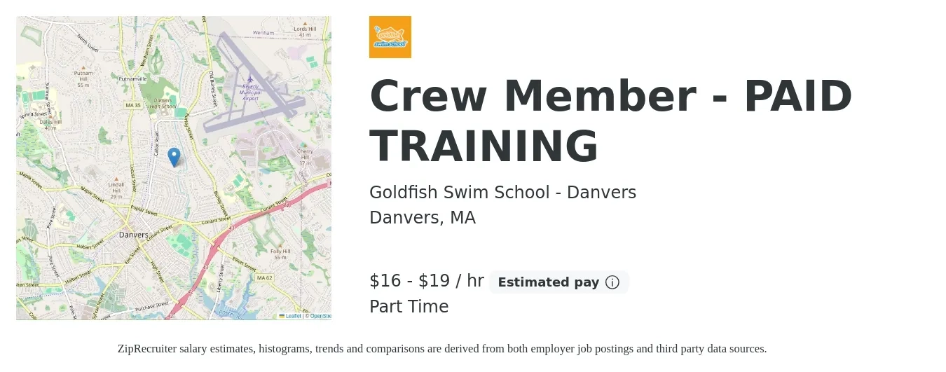 Goldfish Swim School - Danvers job posting for a Crew Member - PAID TRAINING in Danvers, MA with a salary of $17 to $20 Hourly with a map of Danvers location.
