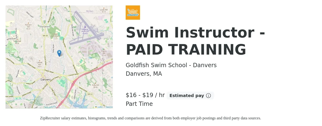 Goldfish Swim School - Danvers job posting for a Swim Instructor - PAID TRAINING in Danvers, MA with a salary of $17 to $20 Hourly with a map of Danvers location.
