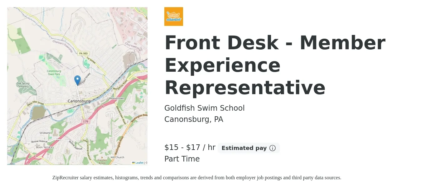 Goldfish Swim School - Peters Township job posting for a Front Desk - Member Experience Representative in Canonsburg, PA with a salary of $16 to $18 Hourly with a map of Canonsburg location.