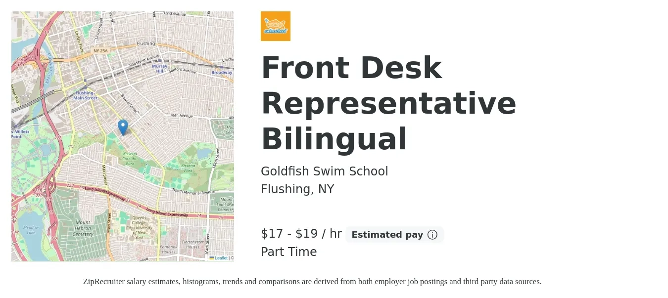 Goldfish Swim School job posting for a Front Desk Representative Bilingual in Flushing, NY with a salary of $18 to $20 Hourly with a map of Flushing location.