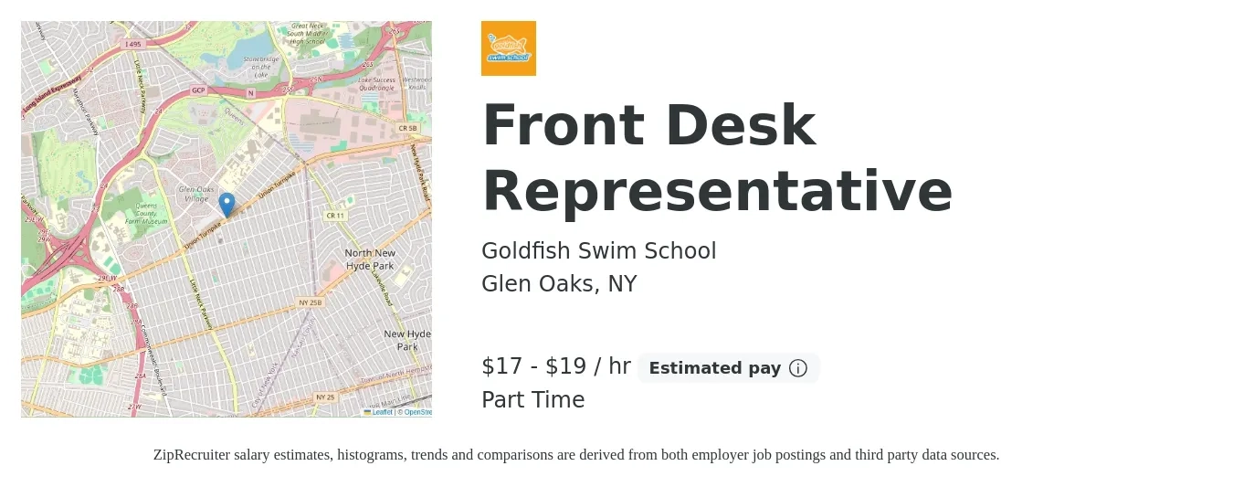 Goldfish Swim School job posting for a Front Desk Representative in Glen Oaks, NY with a salary of $18 to $20 Hourly with a map of Glen Oaks location.