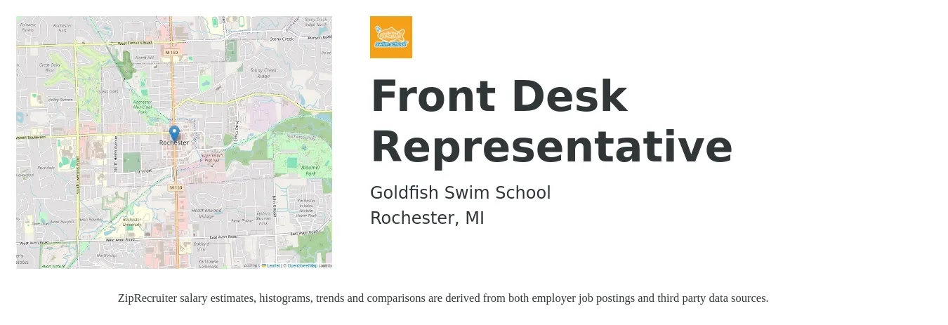 Goldfish Swim School job posting for a Front Desk Representative in Rochester, MI with a salary of $14 Hourly with a map of Rochester location.