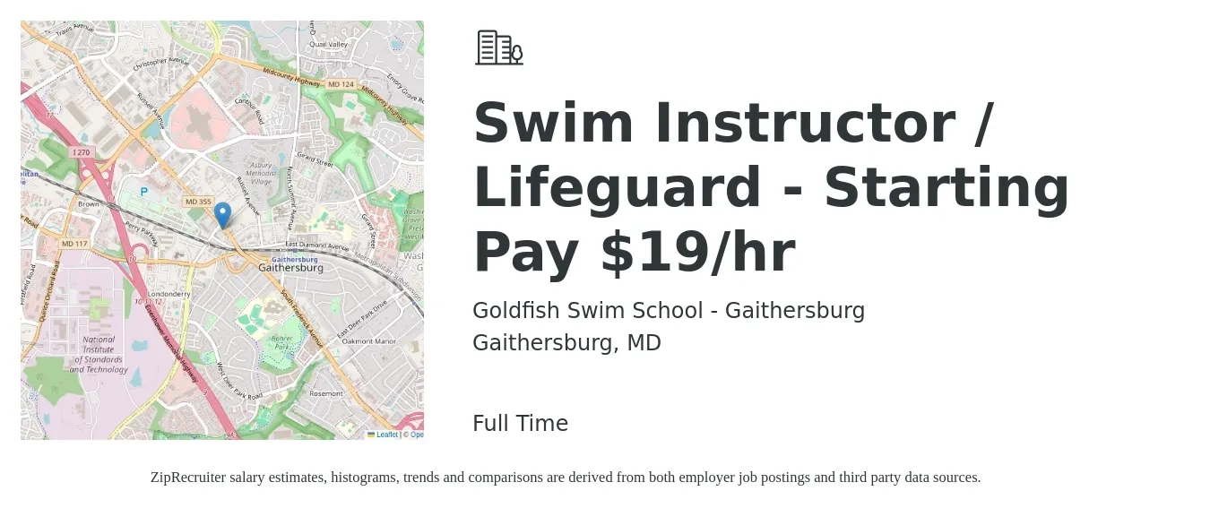 Goldfish Swim School - Gaithersburg job posting for a Swim Instructor / Lifeguard - Starting Pay $19/hr in Gaithersburg, MD with a salary of $21 Hourly with a map of Gaithersburg location.