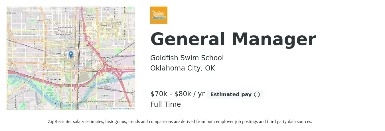 Goldfish Swim School job posting for a General Manager in Oklahoma City, OK with a salary of $70,000 to $80,000 Yearly with a map of Oklahoma City location.