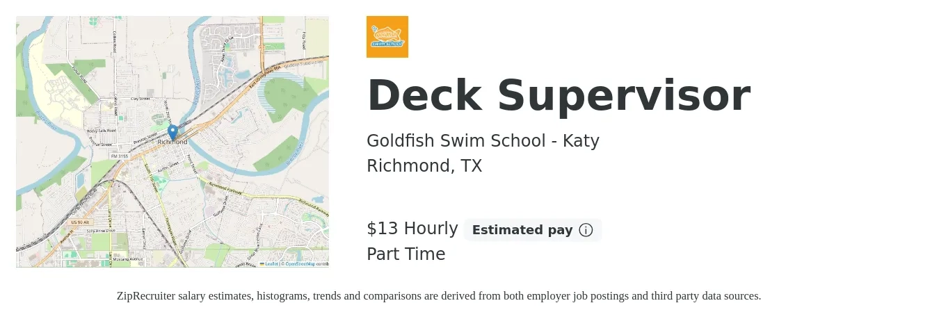 Goldfish Swim School - Katy job posting for a Deck Supervisor in Richmond, TX with a salary of $12 to $14 Hourly with a map of Richmond location.
