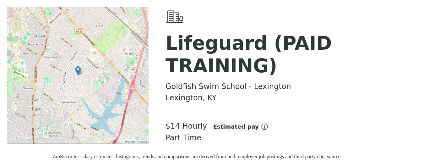 Goldfish Swim School - Lexington job posting for a Lifeguard (PAID TRAINING) in Lexington, KY with a salary of $15 Hourly with a map of Lexington location.