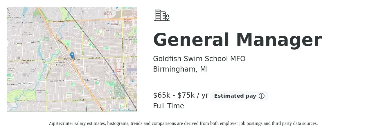 Goldfish Swim School MFO job posting for a General Manager in Birmingham, MI with a salary of $65,000 to $75,000 Yearly with a map of Birmingham location.