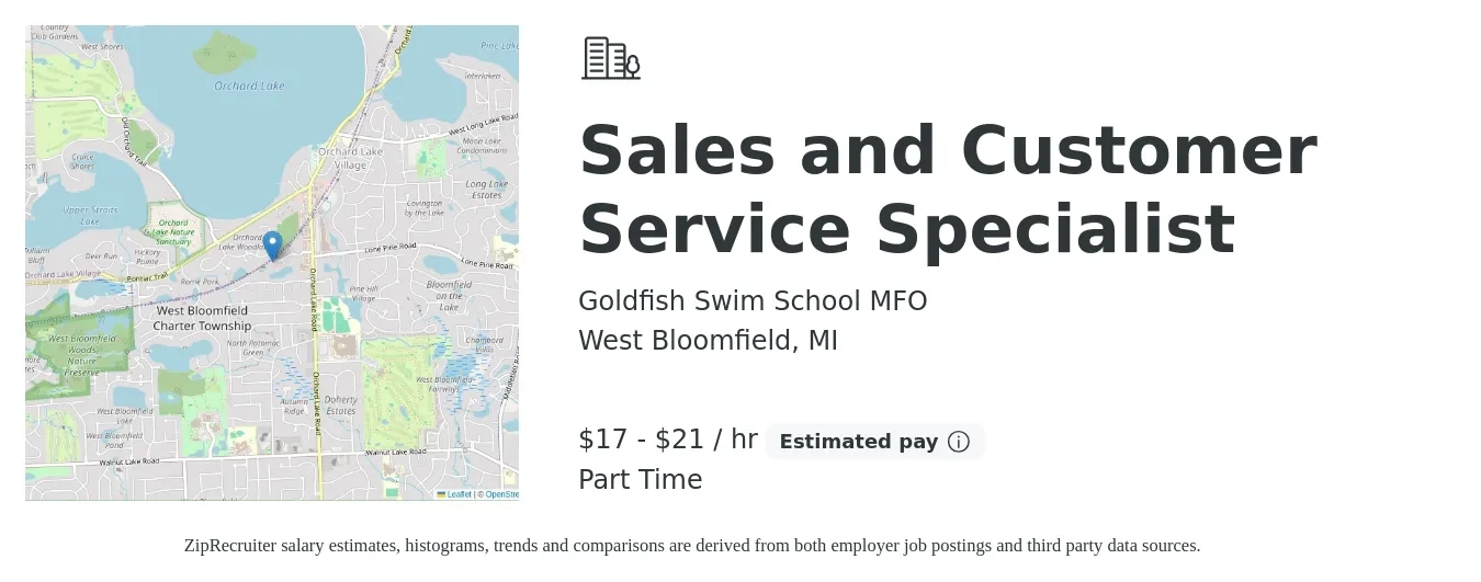Goldfish Swim School MFO job posting for a Sales and Customer Service Specialist in West Bloomfield, MI with a salary of $18 to $22 Hourly with a map of West Bloomfield location.