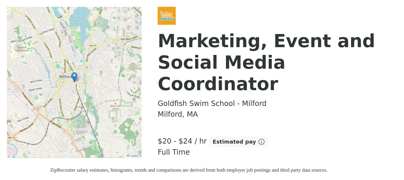 Goldfish Swim School - Milford job posting for a Marketing, Event and Social Media Coordinator in Milford, MA with a salary of $21 to $25 Hourly with a map of Milford location.