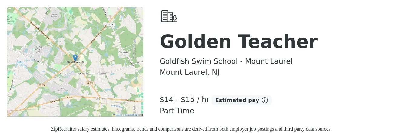 Goldfish Swim School - Mount Laurel job posting for a Golden Teacher in Mount Laurel, NJ with a salary of $15 to $16 Hourly with a map of Mount Laurel location.
